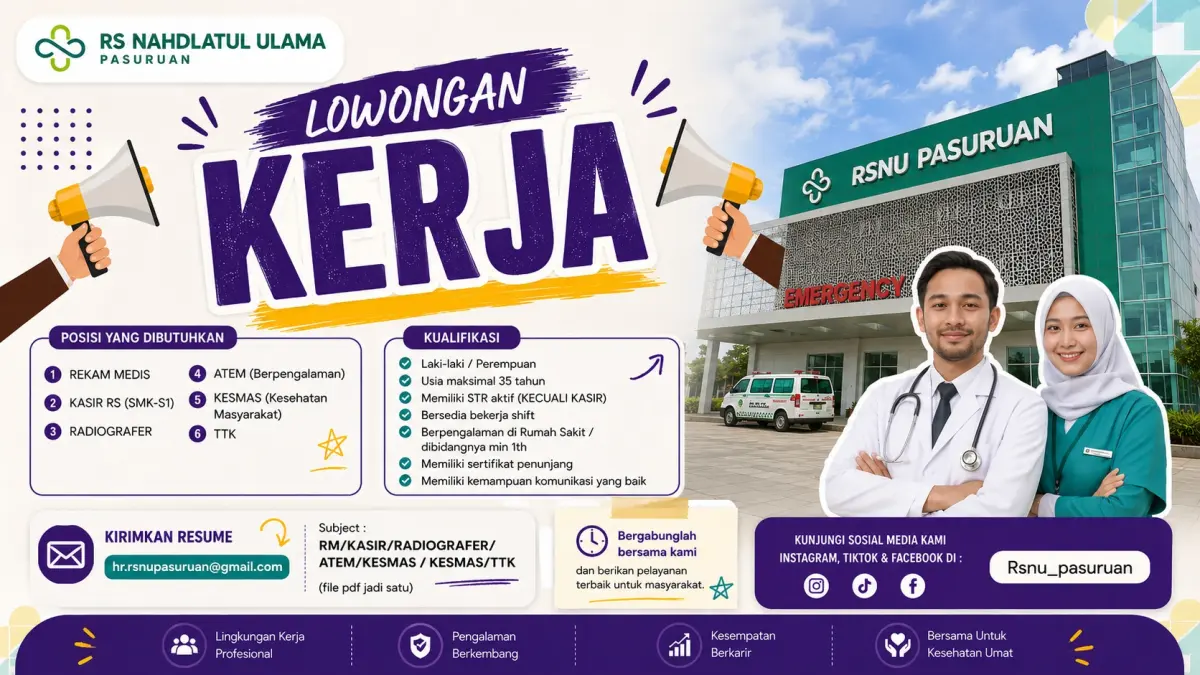 RSNU Pasuruan Rekrut Tenaga Kesehatan dan Kasir, Usia Maksimal 35 Tahun. (kesmas-id.com)