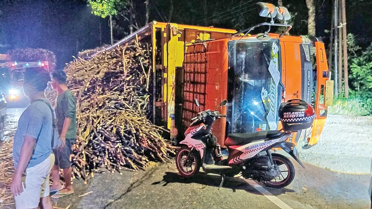 BIANG MACET: Truk bernomor polisi P 8335 UR sarat muatan tebu terguling di badan jalan di Gunung Gumitir, Dusun Barurejo, Desa Kalibarumanis, Kecamatan Kalibaru. (WIJI for Radar Banyuwangi)