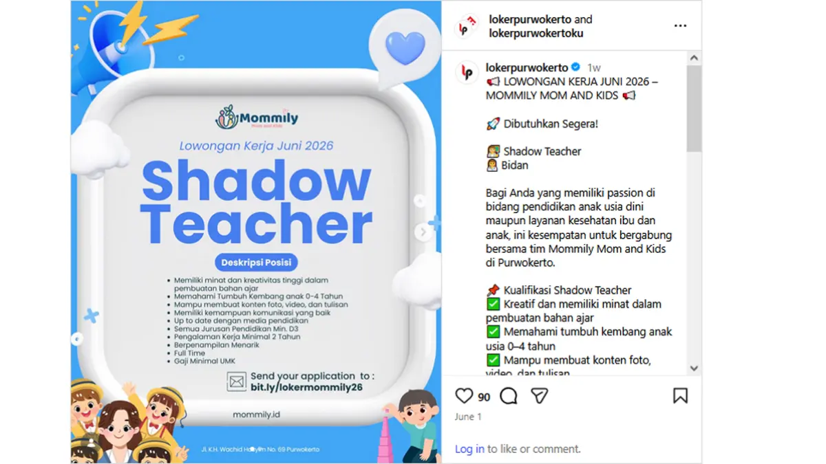 Kesempatan Karier di Purwokerto, Mommily Rekrut Tenaga Pendidikan dan Bidan. (Instagram @lokerpurwokerto and lokerpurwokertoku)