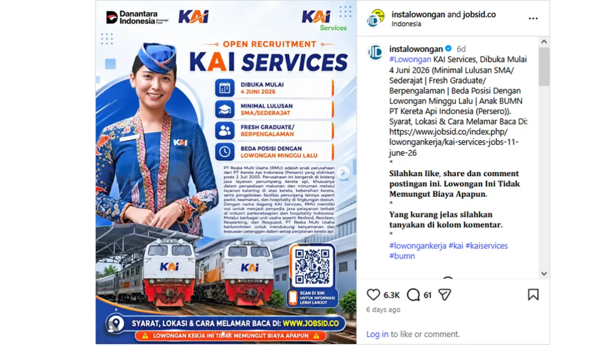 Lowongan KAI Services Juni 2026 dibuka, fresh graduate berpeluang bergabung. (Instagram @instalowongan and jobsid.co)