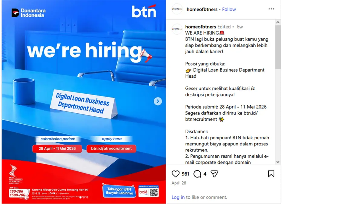 BTN membuka lowongan kerja strategis hingga 21 Juni 2026. (Instagram @homeofbtners)