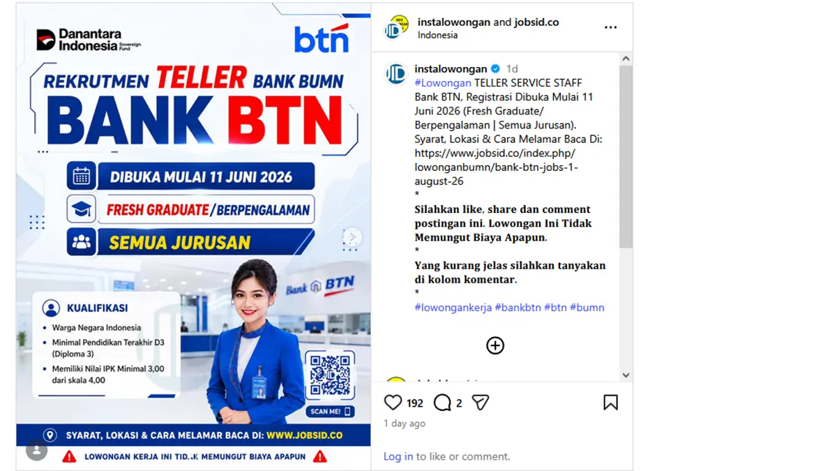 BTN membuka lowongan Teller Service Staff 2026. (Instagram @instalowongan and jobsid.co)