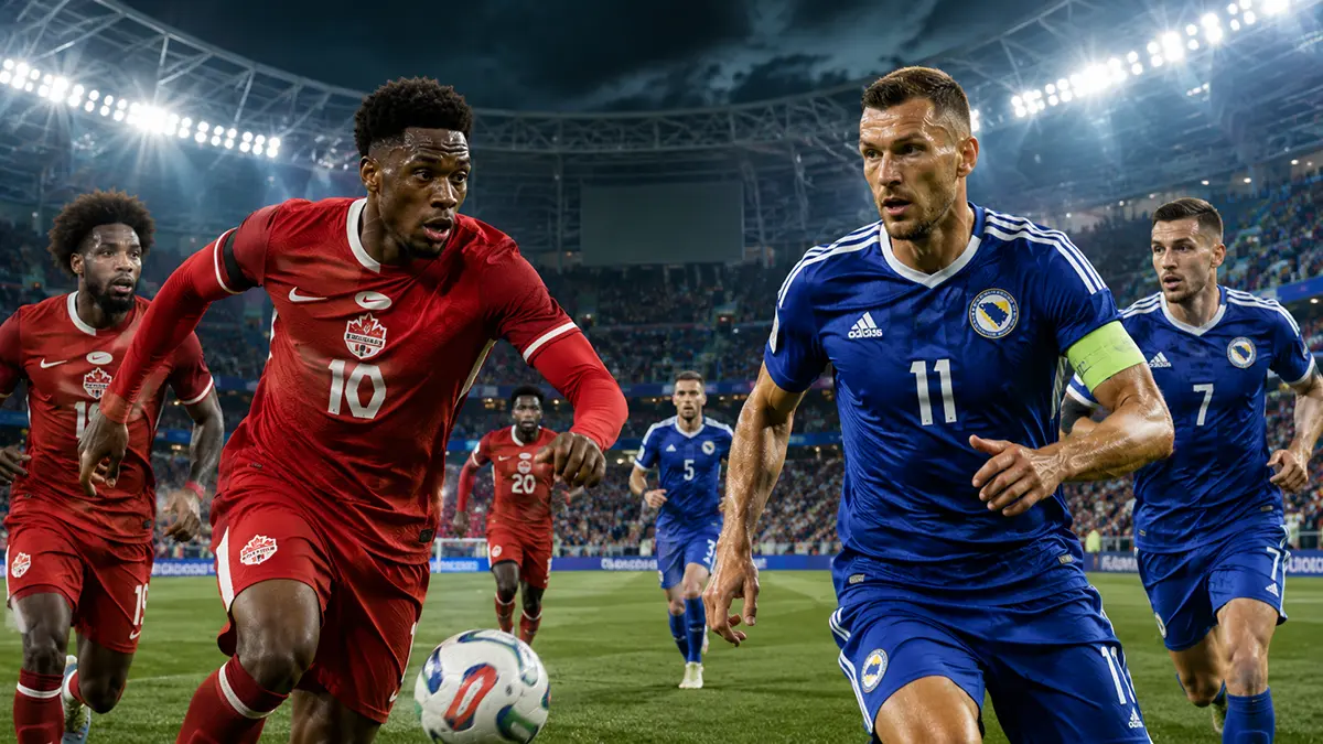 ILUSTRASI: Kanada memulai Piala Dunia 2026 di Toronto melawan Bosnia dan Herzegovina. Jonathan David jadi andalan, Edin Dzeko ancaman utama. (ChatGPT Image)