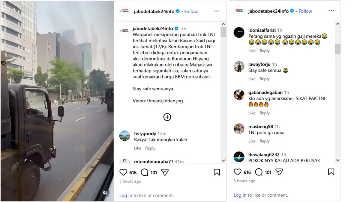 Konvoi truk TNI di Jakarta tuai komentar beragam dari Warganet jelang demo mahasiswa di Bundaran HI hari ini (12/6). (Instagram @jabodetabek24info)