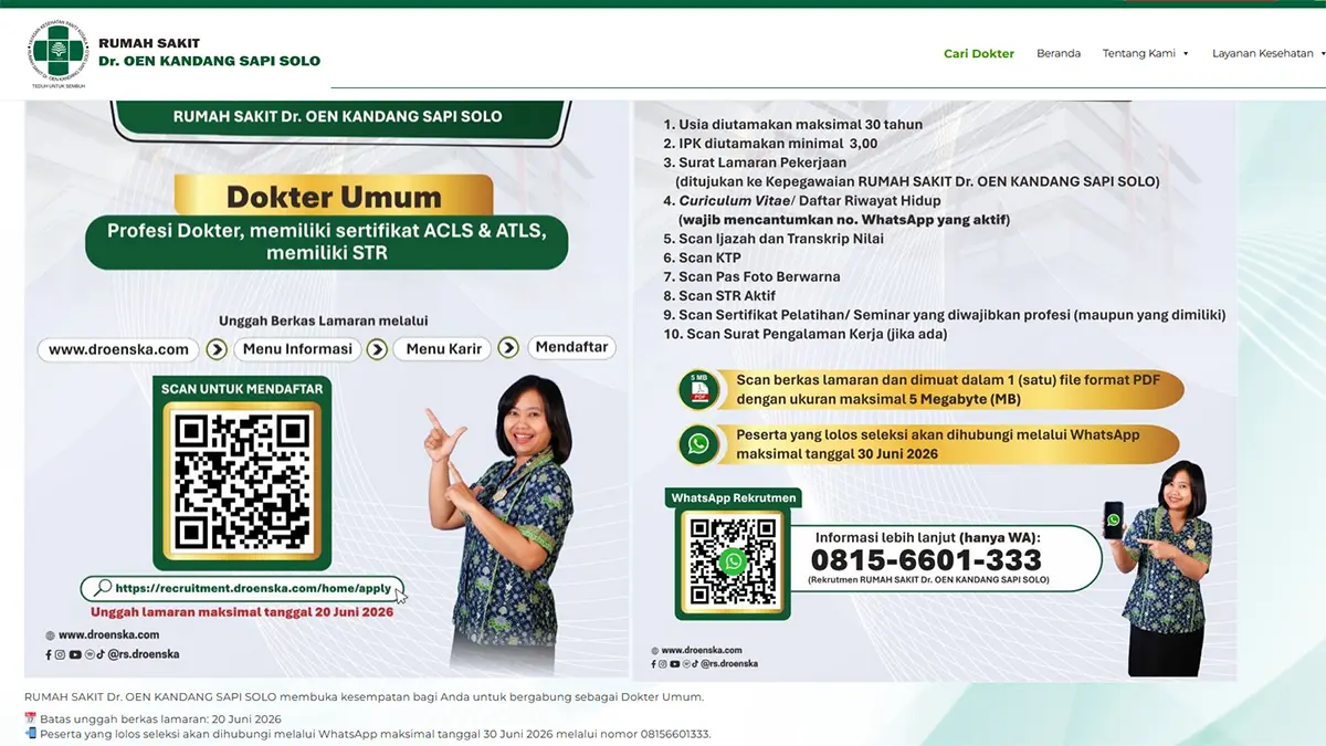 RS Dr OEN Kandang Sapi Solo membuka lowongan dokter umum 2026. Simak syarat, kualifikasi, cara daftar, dan batas pengiriman berkas. (tangkapan layar droenska.com)