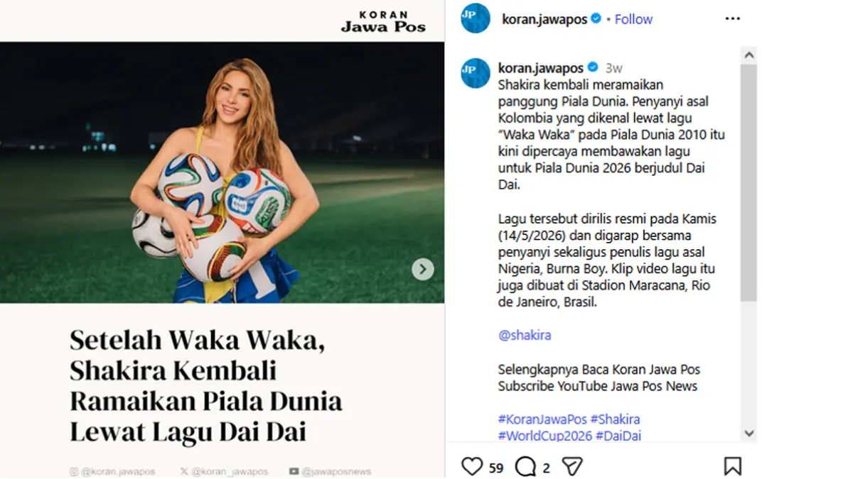 Shakira Bikin Heboh di Pembukaan Piala Dunia 2026, Warganet Curiga Itu Bukan Dirinya. (Instagram @KoranJawaPos)