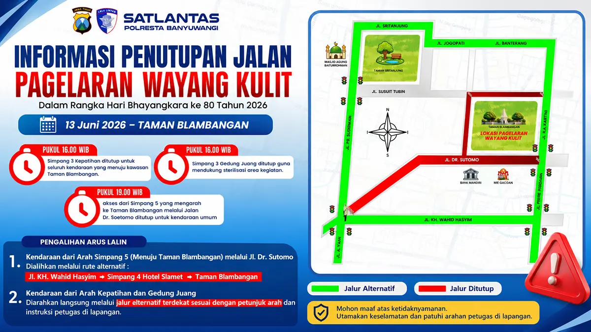 Untuk memastikan kenyamanan masyarakat yang akan menonton wayang kulit, Satlantas Polresta Banyuwangi melakukan rekayasa arus lalu lintas di sekitar Taman Blambangan. (ChatGPT)