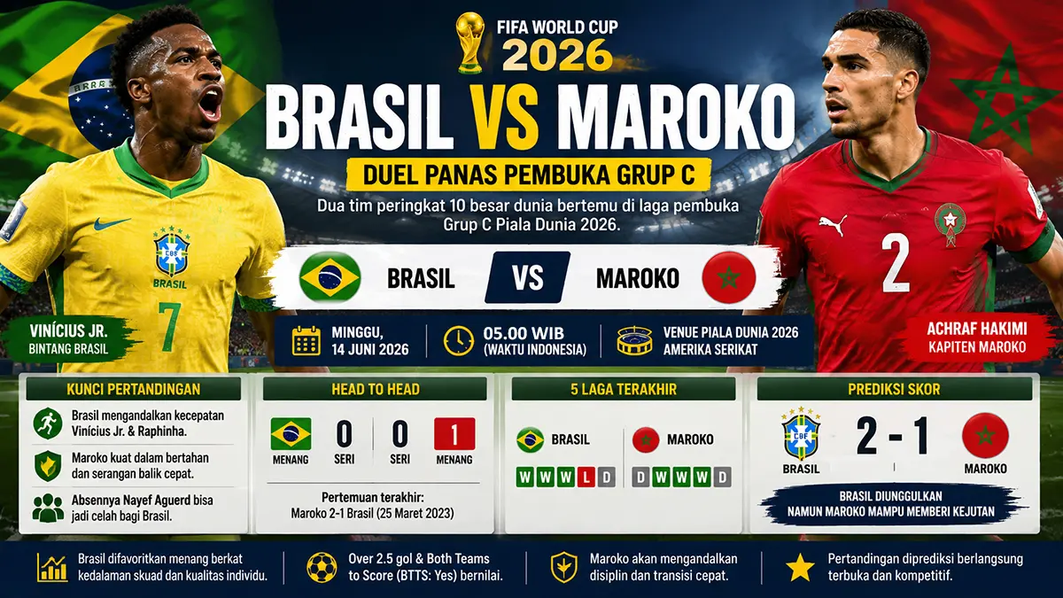 Jadwal dan Prediksi Brasil vs Maroko, Ujian Berat Singa Atlas di Grup C. (ChatGPT Image)