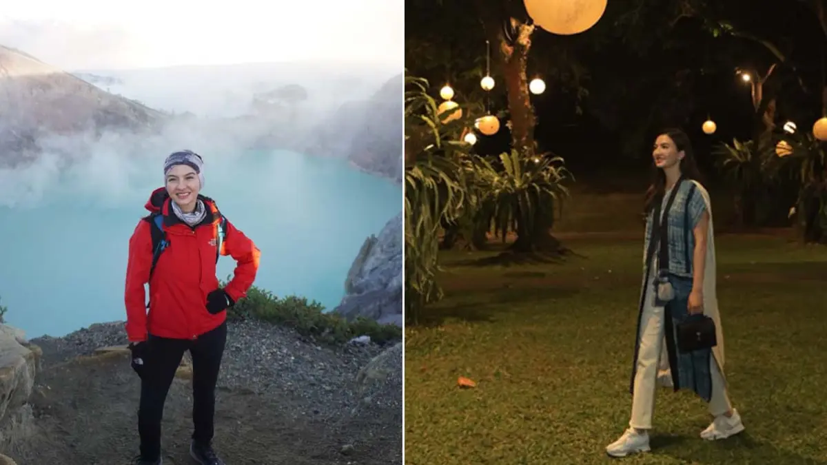 Raline Shah di Kawah Ijen dan Pendapa Shaba Swagata Blambangan. Reline sebut Banyuwangi asyik dan seru, alamnya kelas dunia dan budayanya memikat. (banyuwangikab.go.id)