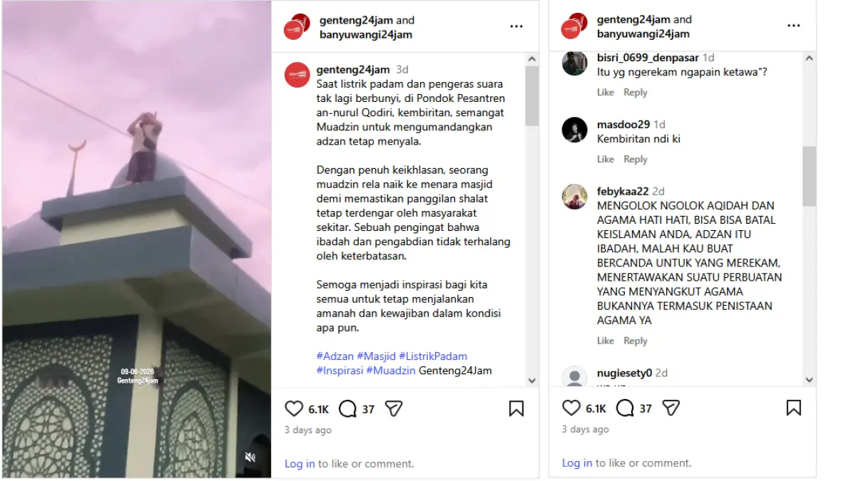 Viral muadzin di Ponpes An Nurul Qodiri Banyuwangi naik menara masjid saat listrik padam demi memastikan azan Magrib tetap terdengar warga. (Instagram @genteng24jam and banyuwangi24jam