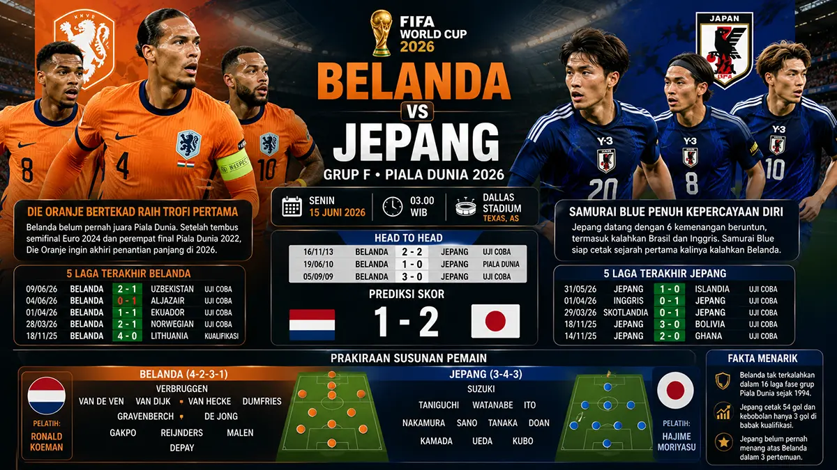 Belanda Vs Jepang, Pertarungan dua favorit lolos dari Grup F Piala Dunia 2026. (ChatGPT)