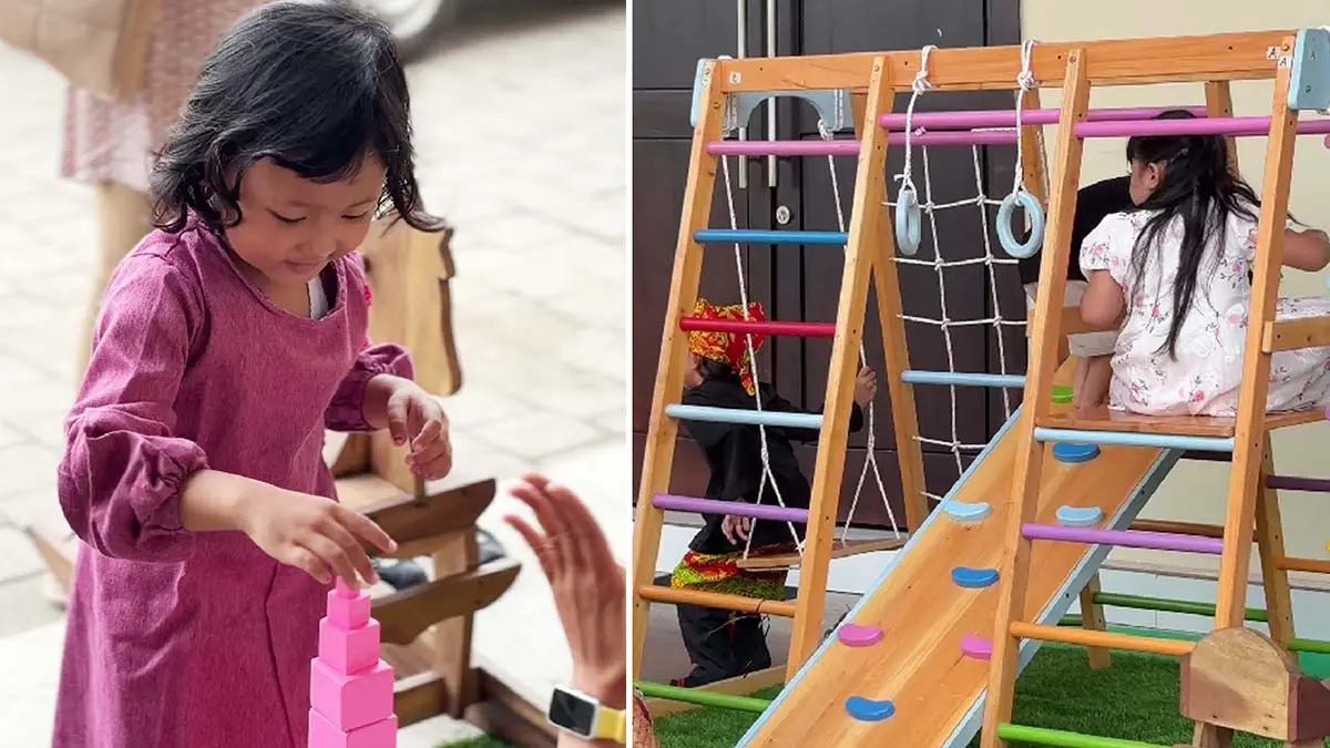 BERMAIN-BERINTERAKSI: Anak-anak bermain aneka permainan tradisional yang disiapkan di acar resepsi pernikahan pasangan Lutfina Aulia Rahman dan Achmad Irfandi di Sahid Mahatta Hall, Genteng, Sabtu (13/6). (Toha/Radar Banyuwangi)