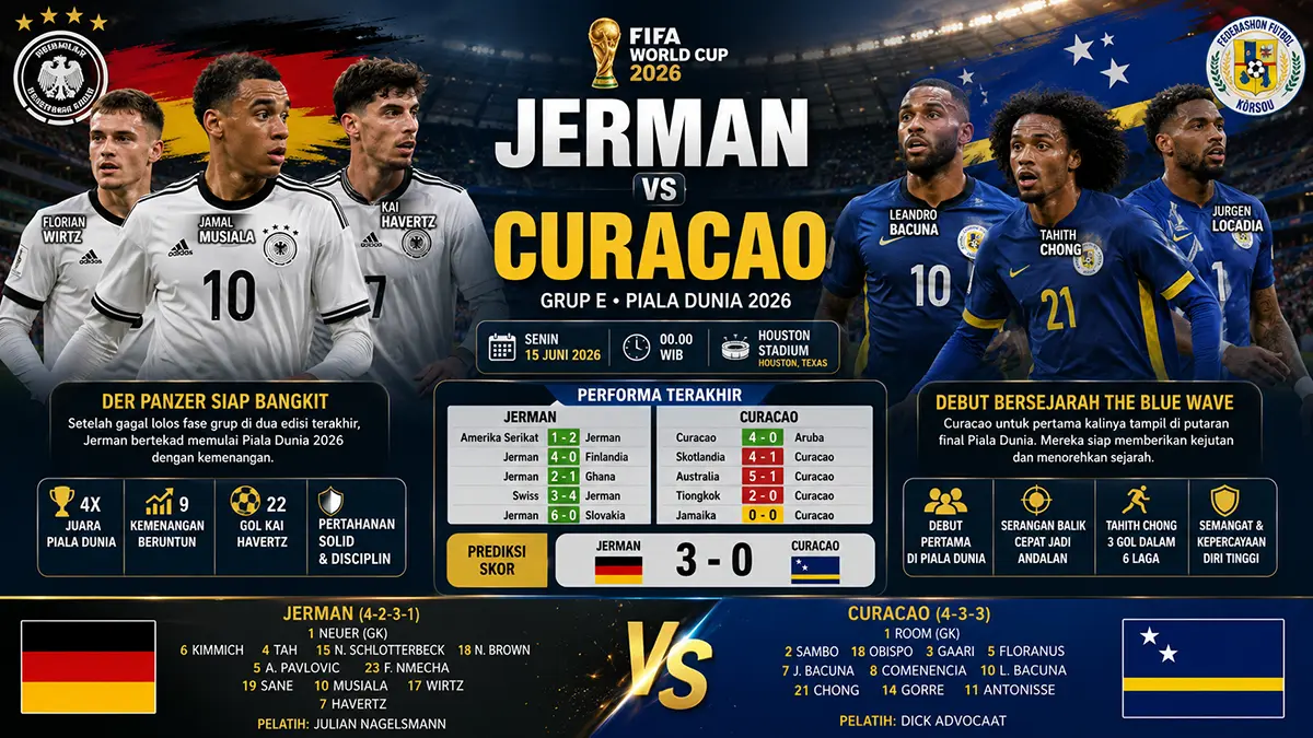 Jerman Vs Curacao: Der Panzer bidik start sempurna di laga perdana Grup E Piala Dunia. (ChatGPT)