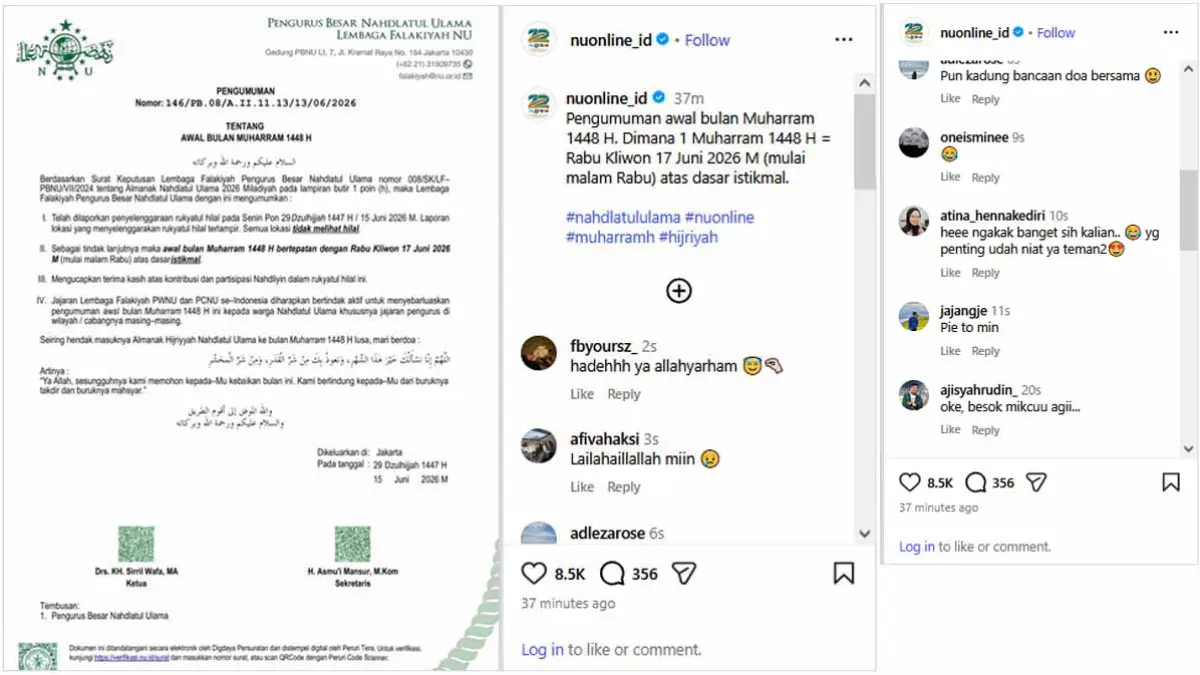NU Resmi Tetapkan Awal Muharram 1448 H pada Rabu 17 Juni 2026. (Instagram @nuonline_id)