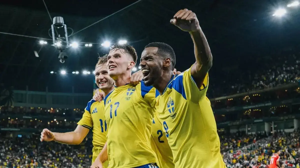 Pemain Swedia merayakan kemenangan telak 5-1 atas Tunisia pada laga Grup F Piala Dunia 2026 di Monterrey, Senin (15/6/2026) WIB. (Instagram/@swemnt)