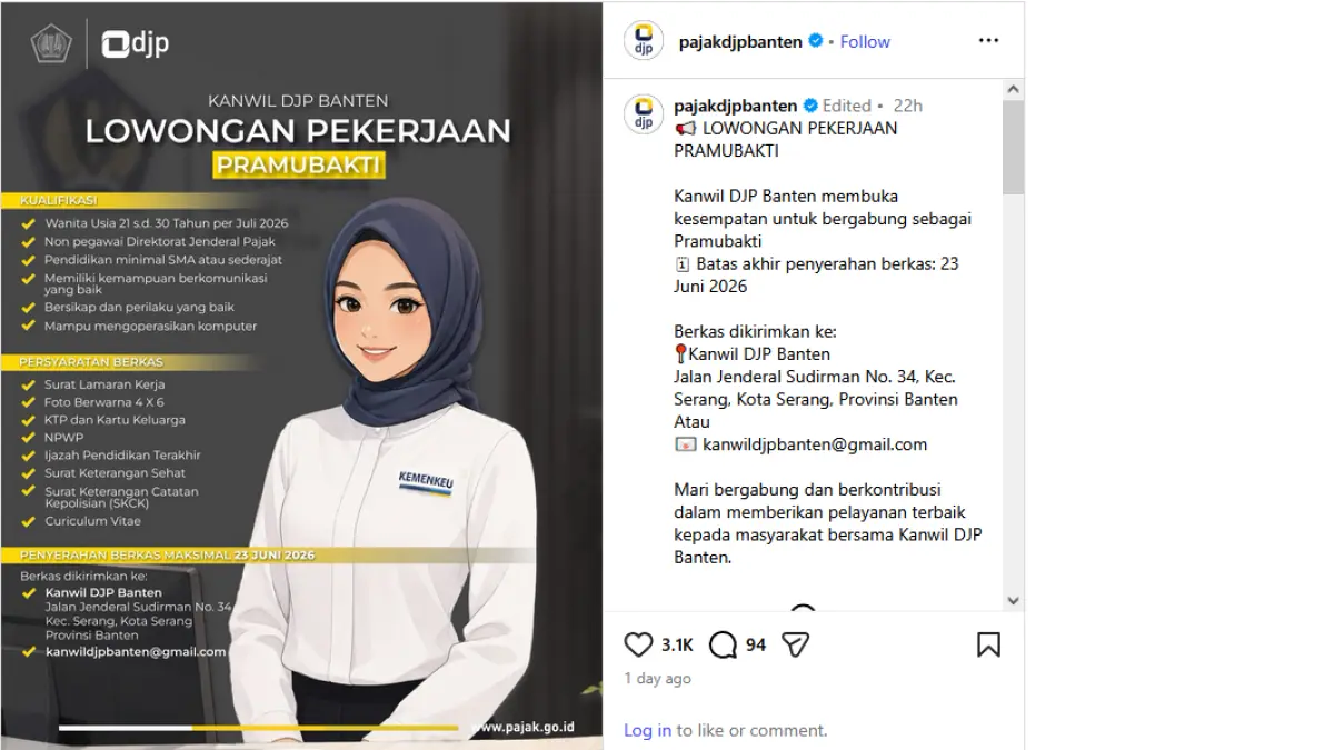 Kesempatan kerja di DJP Banten, pendaftaran pramubakti segera ditutup. (Instagram @pajakdjpbanten)
