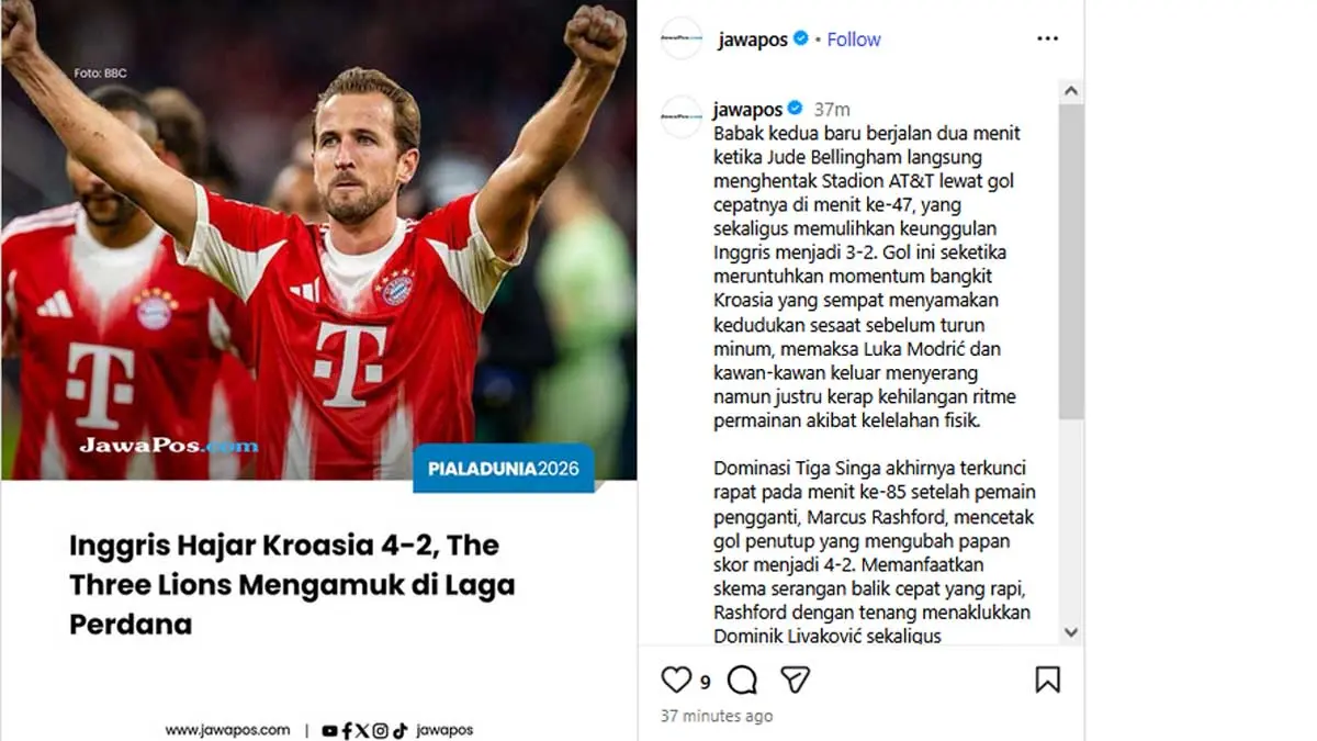 Kane dua gol, Inggris balas luka lama dan taklukkan Kroasia 4-2 di Dallas. (Instagram @jawapos)