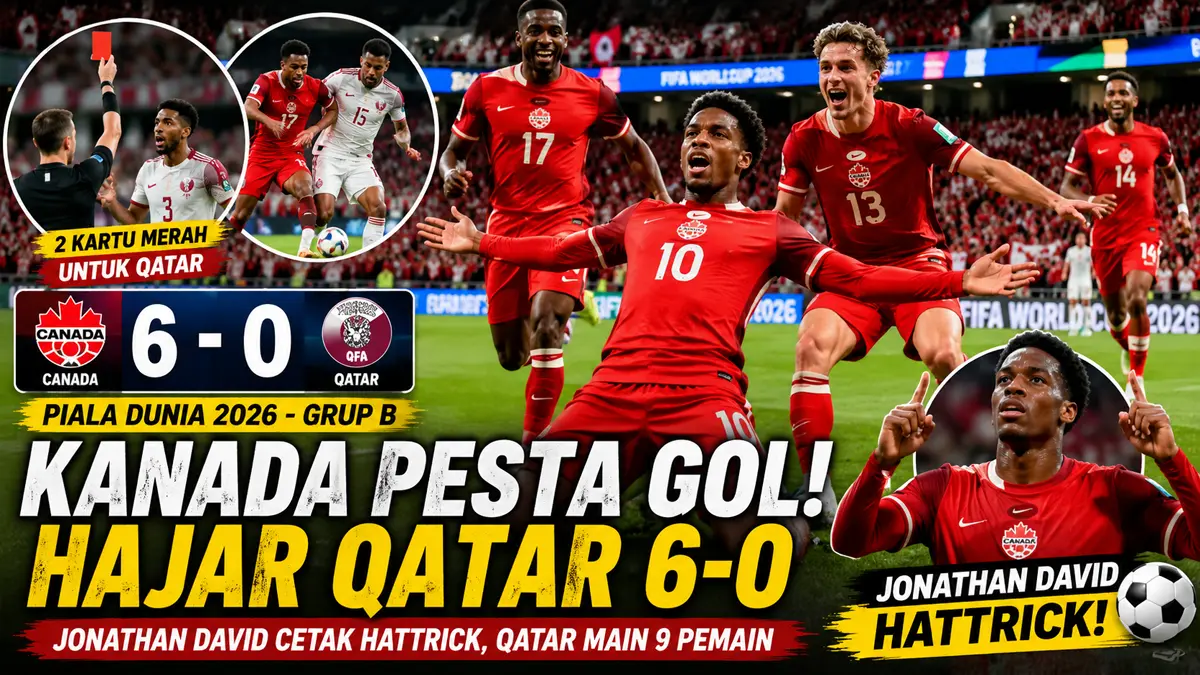 Hasil Piala Dunia 2026: Kanada pesta gol ke gawang Qatar, dua pemain lawan dikartu merah. (ChatGPT)