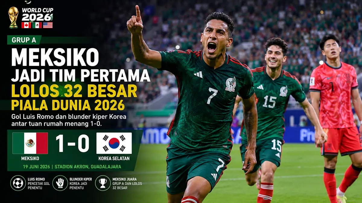 ILUSTRASI: Luis Romo jadi pahlawan, Meksiko kunci tiket 32 besar Piala Dunia usai mengalahkan Korea Selatan. (ChatGPT)