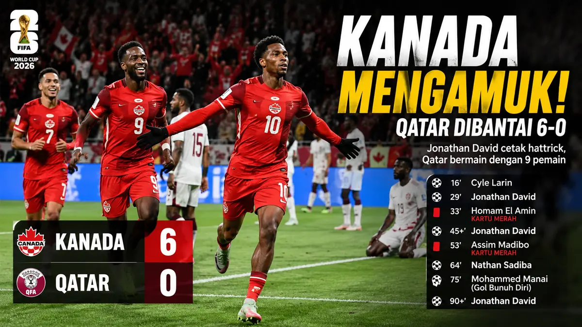 Jonathan David bersinar, Kanada bantai Qatar 6-0 yang bermain dengan 9 pemain. (ChatGPT)