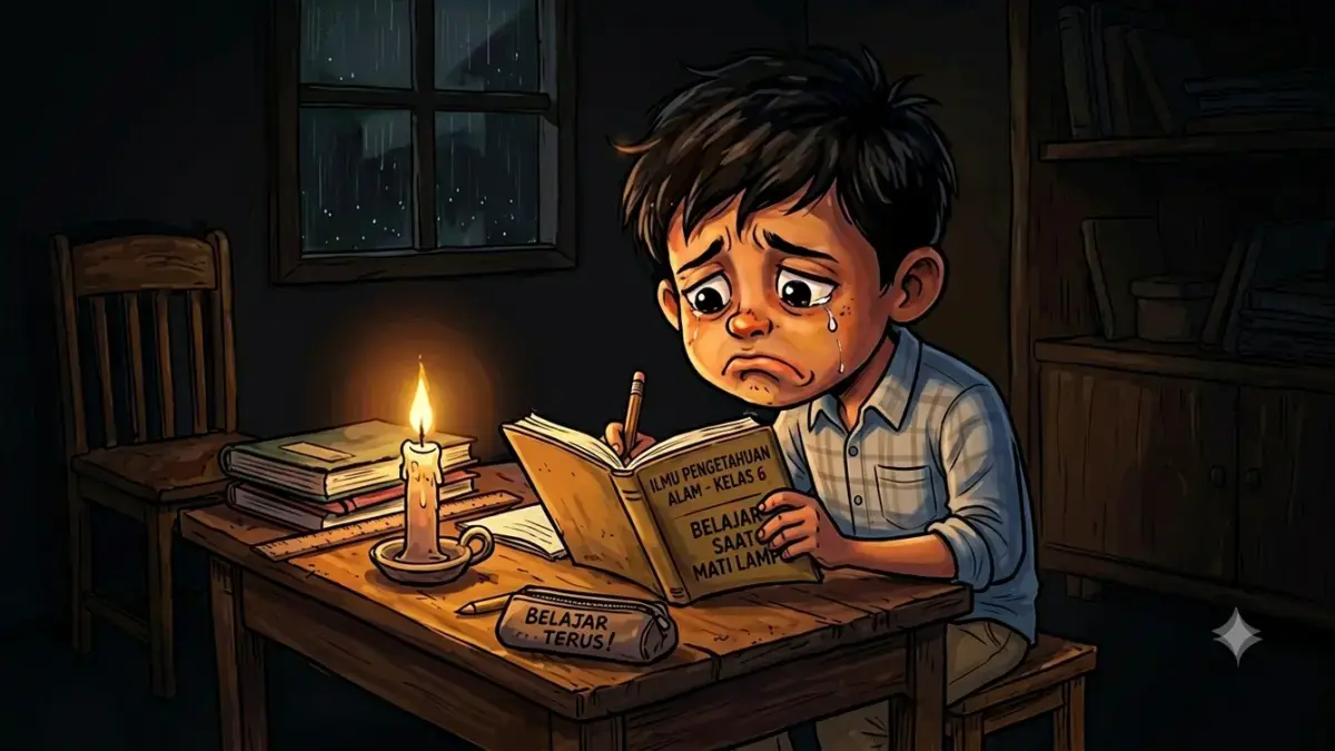 SEMAKIN SERING: Karikatur seorang pelajar yang seakan sedang belajar. Namun ia harus bersedih lantaran terganggu dengan padamnya listrik.(KARIKATU AI)