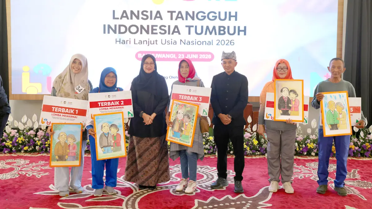 UHH Banyuwangi naik jadi 74,43 tahun. Pemkab dorong lansia sehat, mandiri, aktif lewat HLUN 2026, Selantang, dan program inklusif. (banyuwangikab.go.id)