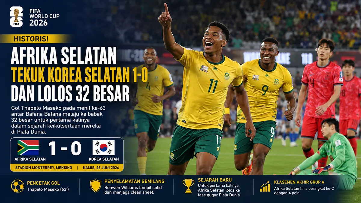 ILUSTRASI: Gol Maseko antar Afrika Selatan melaju ke babak 32 besar Piala Dunia 2026. (ChatGPT)