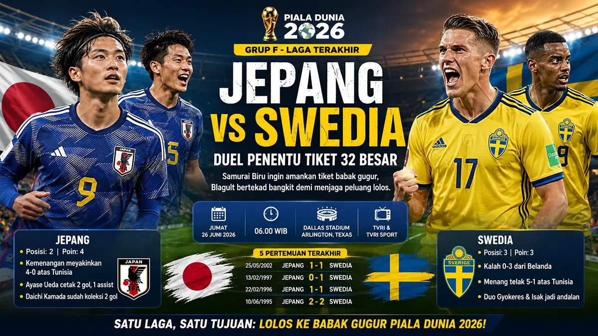 Jepang dan Swedia berebut tiket lolos ke babak 32 besar Piala Dunia, Dallas jadi saksi penentuan. (ChatGPT)