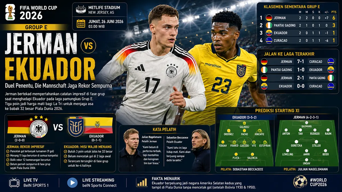 Jerman kejar rekor bersejarah, Ekuador hadapi laga hidup-mati di Grup E Piala Dunia 2026. (ChatGPT Image)