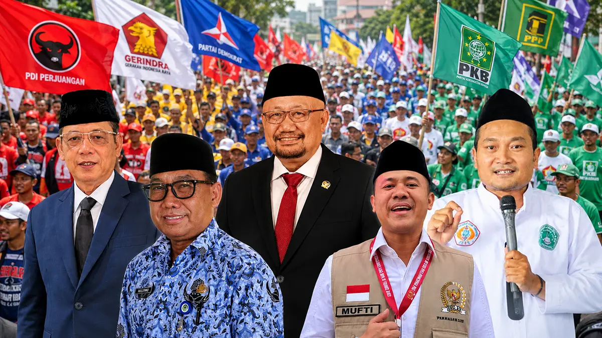 Menakar peluang Michael Edy Hariyanto, Sumail Abdullah, Ali Makki Zaini, Mufti Anam, dan Mujiono, menggantikan Ipuk Fiestiandani sebagai Bupati Banyuwangi. (Kolase ChatGPT)