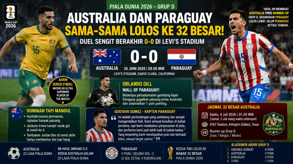 Australia dan Paraguay lolos ke 32 besar Piala Dunia 2026, Orlando Gill jadi tembok kokoh di laga penentuan. (ChatGPT)