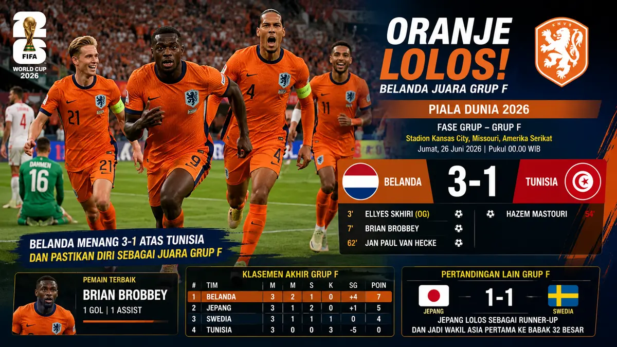Belanda menang 3-1 atas Tunisia, Jepang ikut lolos ke babak 32 besar Piala Dunia. (Ilustrasi ChatGPT)