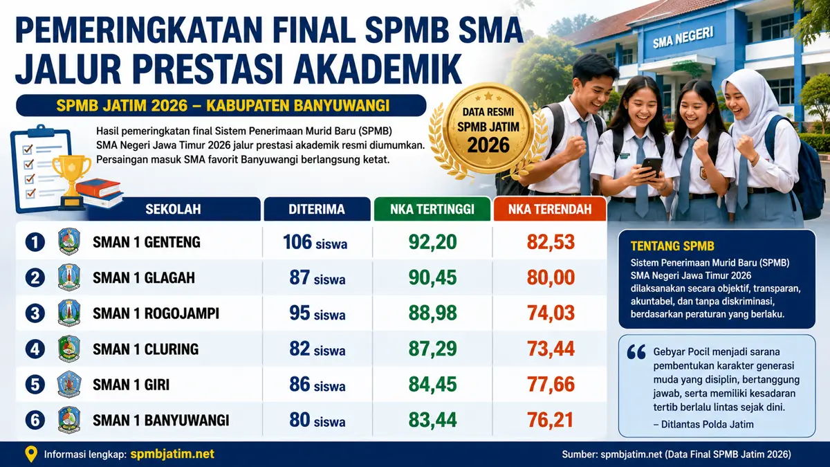 Final SPMB SMA Jatim: SMAN 1 Glagah dan Genteng jadi sekolah paling ketat. (ChatGPT)
