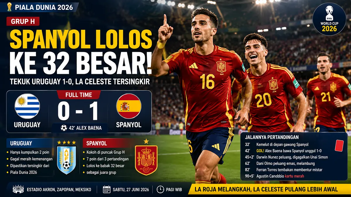 Spanyol lolos ke babak 32 besar Piala Dunia 2026, gol Alex Baena akhiri perlawanan Uruguay. (ChatGPT)