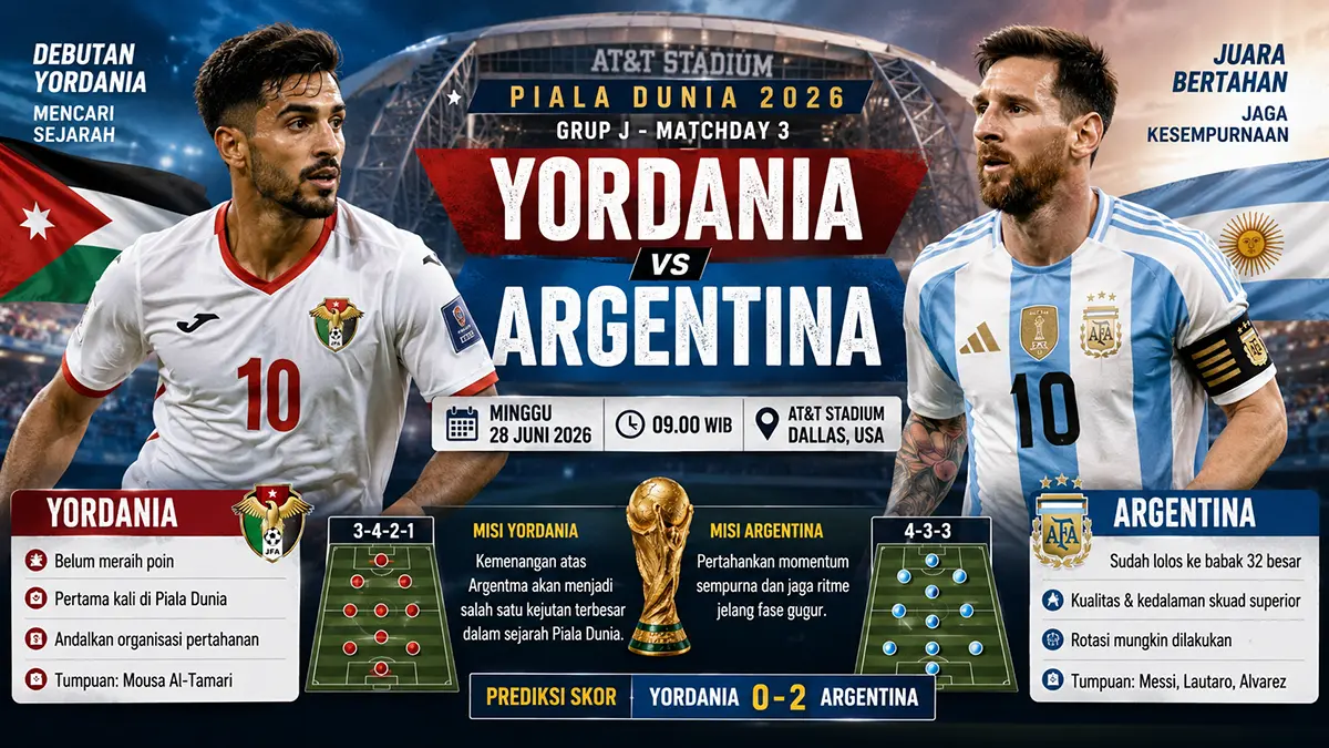Yordania kejar sejarah saat hadapi Argentina di Piala Dunia 2026. (ChatGPT)