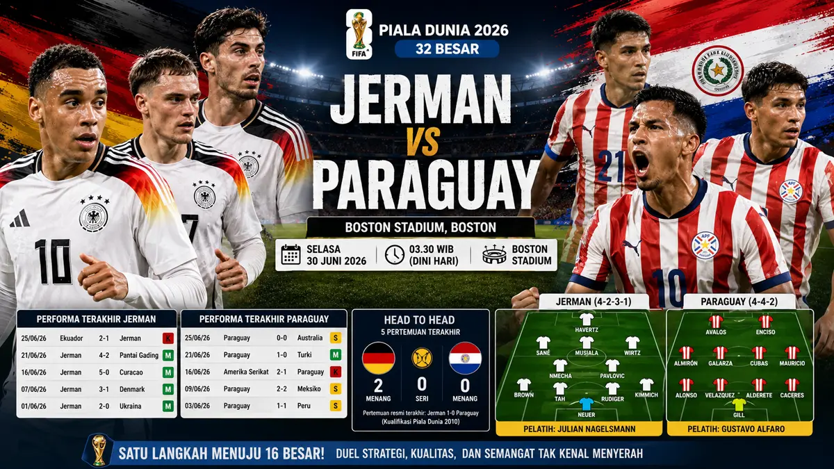 Babak 32 besar Piala Dunia: Jerman dijagokan, Paraguay siap melawan. (ChatGPT)