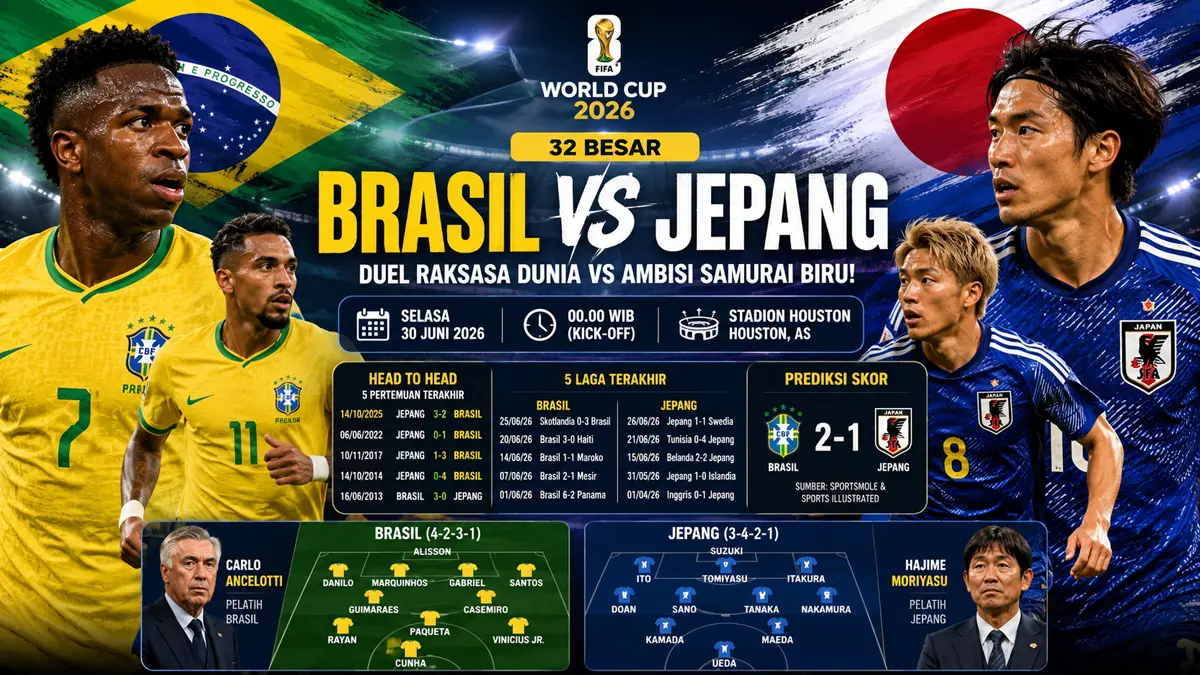 Prediksi Brasil vs Jepang: Duel panas perebutan tiket 16 besar Piala Dunia. (ChatGPT)
