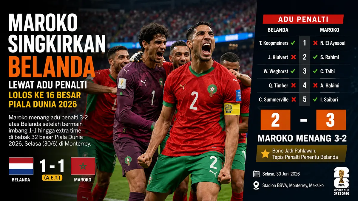 Singkirkan Belanda lewat adu penalti, Maroko lolos ke 16 besar Piala Dunia. (ChatGPT)