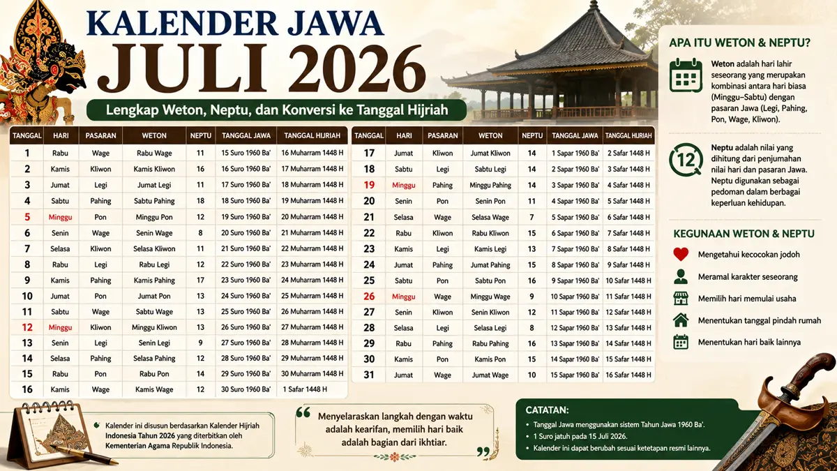 Weton Juli 2026 lengkap, ini kalender jawa beserta neptu dan tanggal hijriahnya. (ChatGPT)