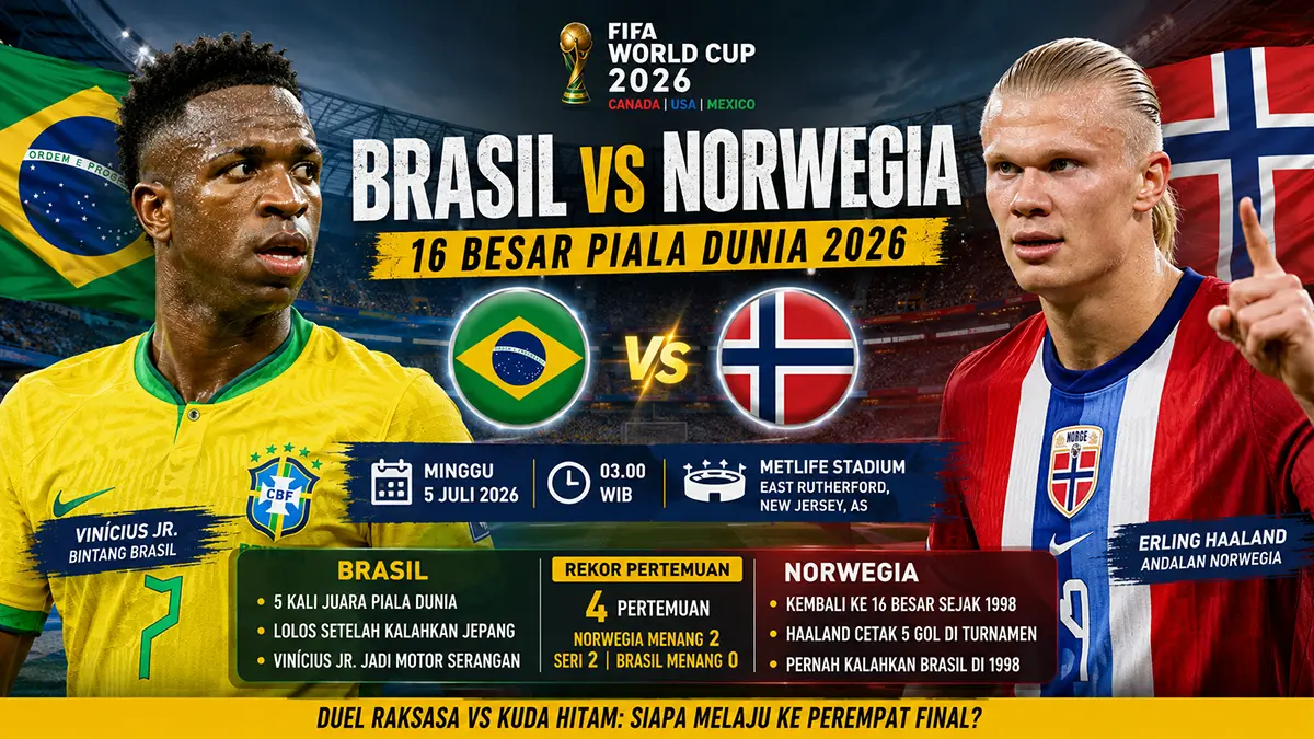 Brasil vs Norwegia: Laga panas 16 besar Piala Dunia 2026, siapa unggul? (ChatGPT)