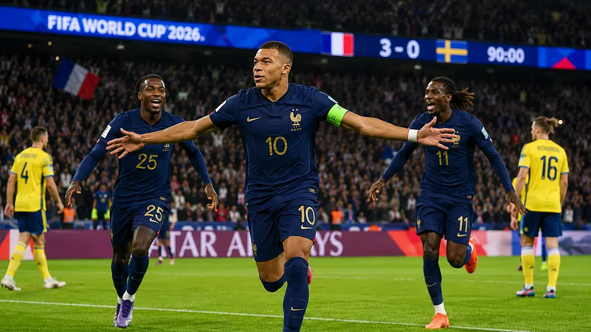 Hasil Piala Dunia 2026: Mbappe cetak dua gol, Prancis gilas Swedia 3-0 dan tantang Paraguay di babak 16 besar. (Ilustrasi ChatGPT)