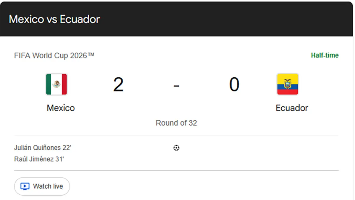 Skor sementara Meksiko vs Ekuador 2-0, El Tri tampil dominan di Piala Dunia 2026. (Tangkapan Layar)