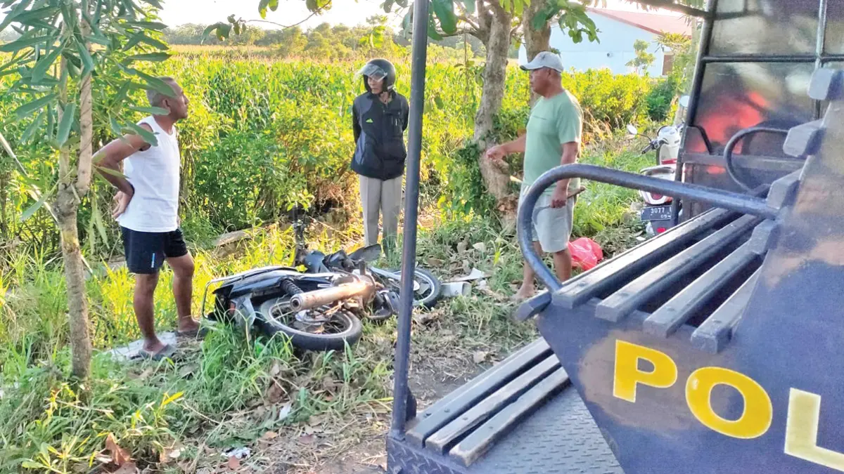 Warga dan pihak kepolisian dari Polsek Siliragung saat melakukan pengecekan TKP kecelakaan di jalan Dusun Sumbersuko, Desa Kesilir, Kecamatan Siliragung, Senin sore (29/6). (Unit Gakkum Polresta Banyuwangi)
