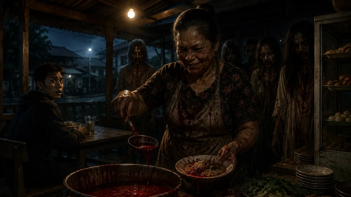 Ilustrasi : Misteri warung makan paling laris di ujung desa yang memakan koraban baru setiap malam Jumat.(Foto:AI)