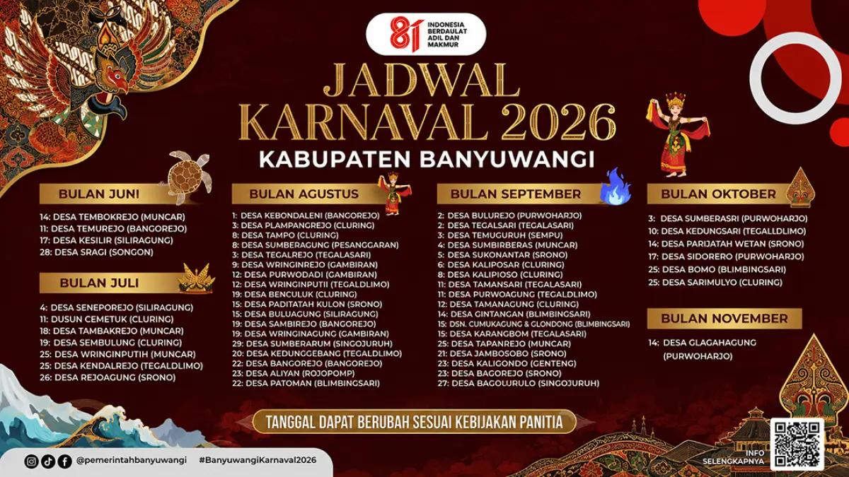 Jadwal Karnaval Banyuwangi 2026 resmi dirilis, digelar di puluhan desa mulai Juni hingga November. (Pemkab Banyuwangi)