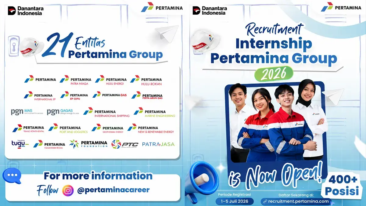 Recruitment Pertamina 2026 resmi dibuka, ada 400 lebih lowongan magang untuk fresh graduate, pendaftaran hanya sampai 5 Juli. (Instagram@pertaminacareer)