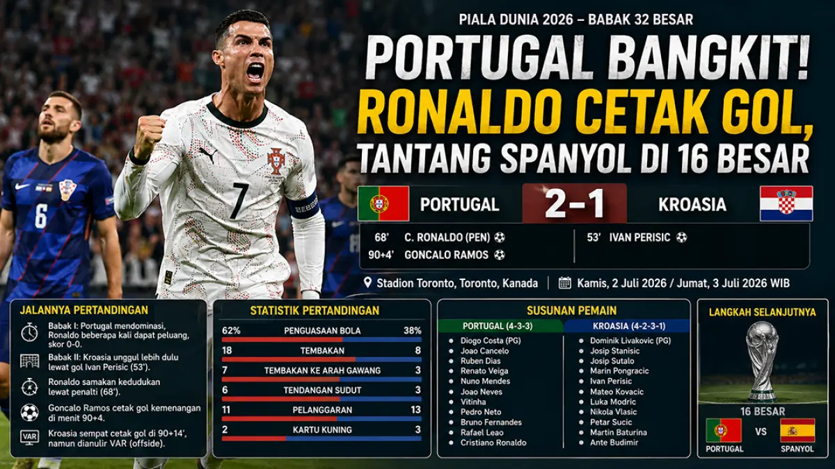 Portugal vs Kroasia 2-1, Ronaldo bersinar dan Ramos jadi penentu kemenangan. (Ilustrasi ChatGPT)