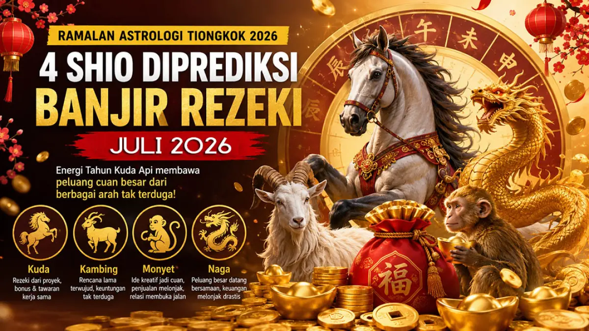 Rezeki datang dari berbagai arah, 4 shio Ini diprediksi paling beruntung di bulan Juli 2026. (Ilustrasi ChatGPT)