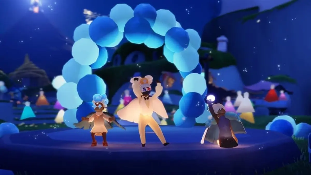 Tiga pemain sedang merayakan hari jadi Sky ke-7 di gim Sky: Children of the Light. (Thatskygame)