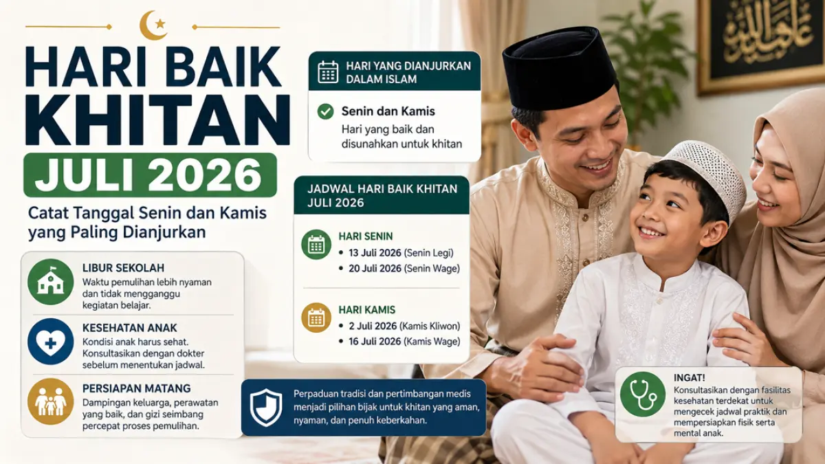 Jadwal hari baik khitan Juli 2026 lengkap, ada weton Jawa dan tips dokter. (Ilustrasi ChatGPT)